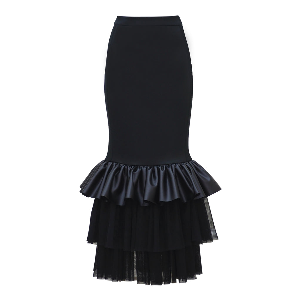 Carrie Skirt Long Black Leather with Tulle (6931847839767)