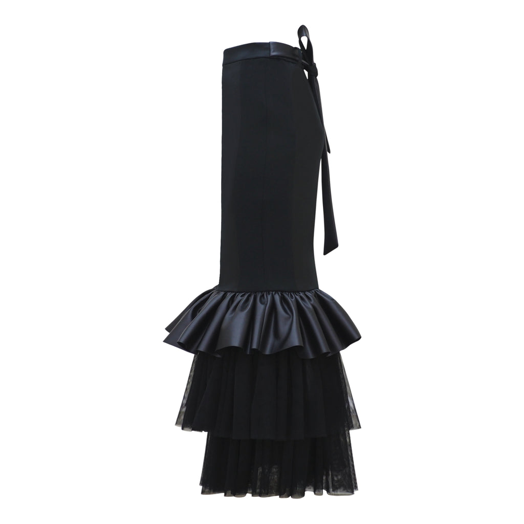 Carrie Skirt Long Black Leather with Tulle (6931847839767)