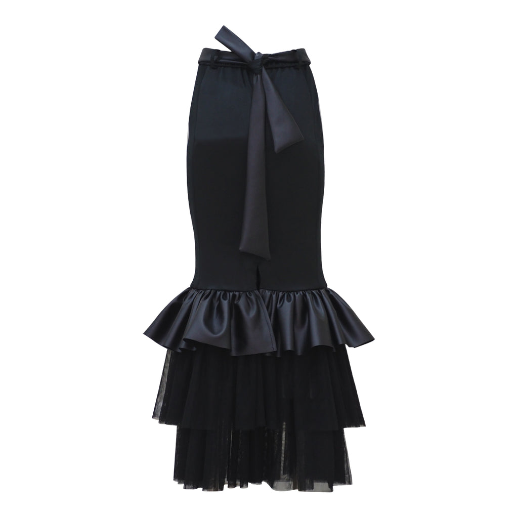 Carrie Skirt Long Black Leather with Tulle (6931847839767)