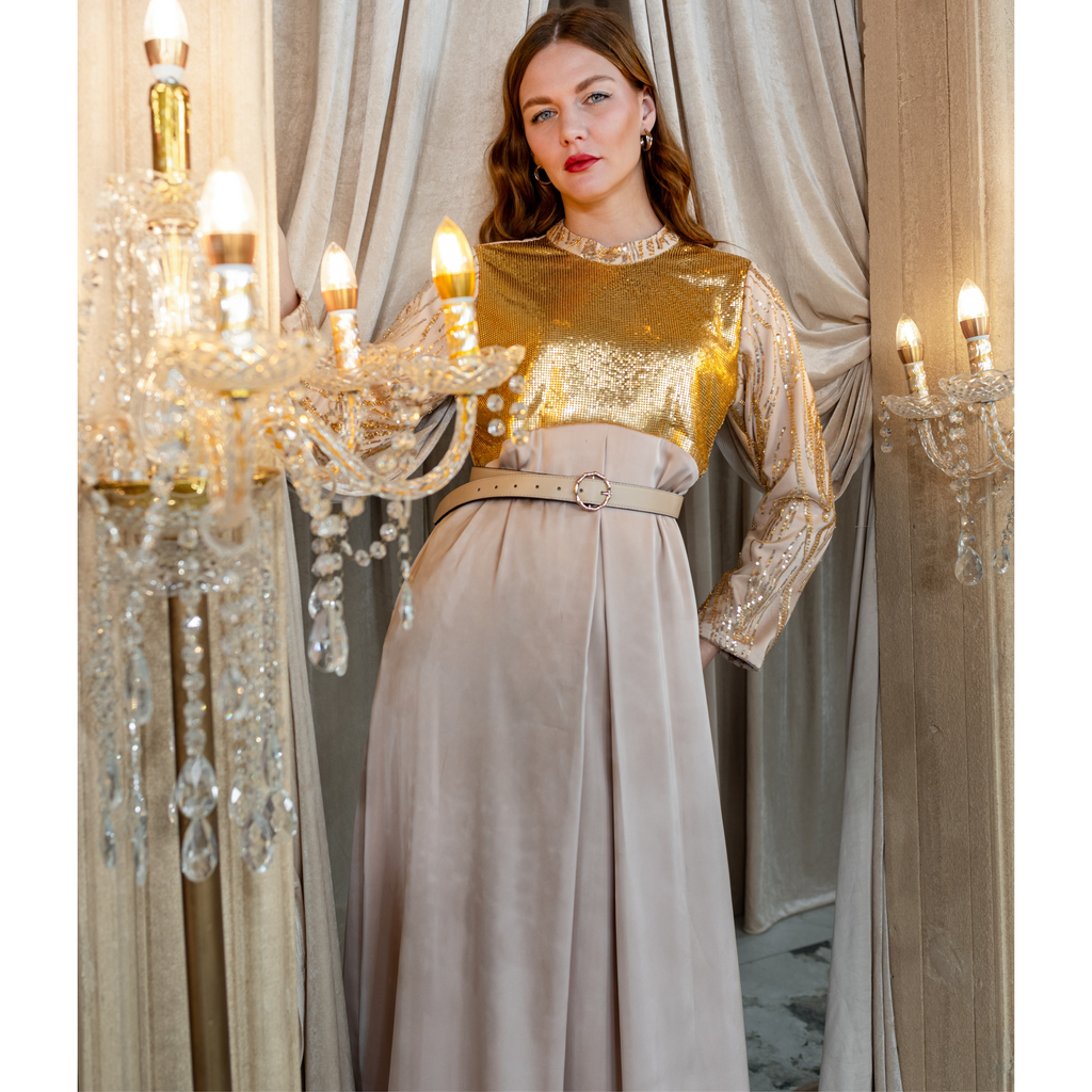 Mi Vida Signature Gold irana long dress with lace sleeve (7483148533783)