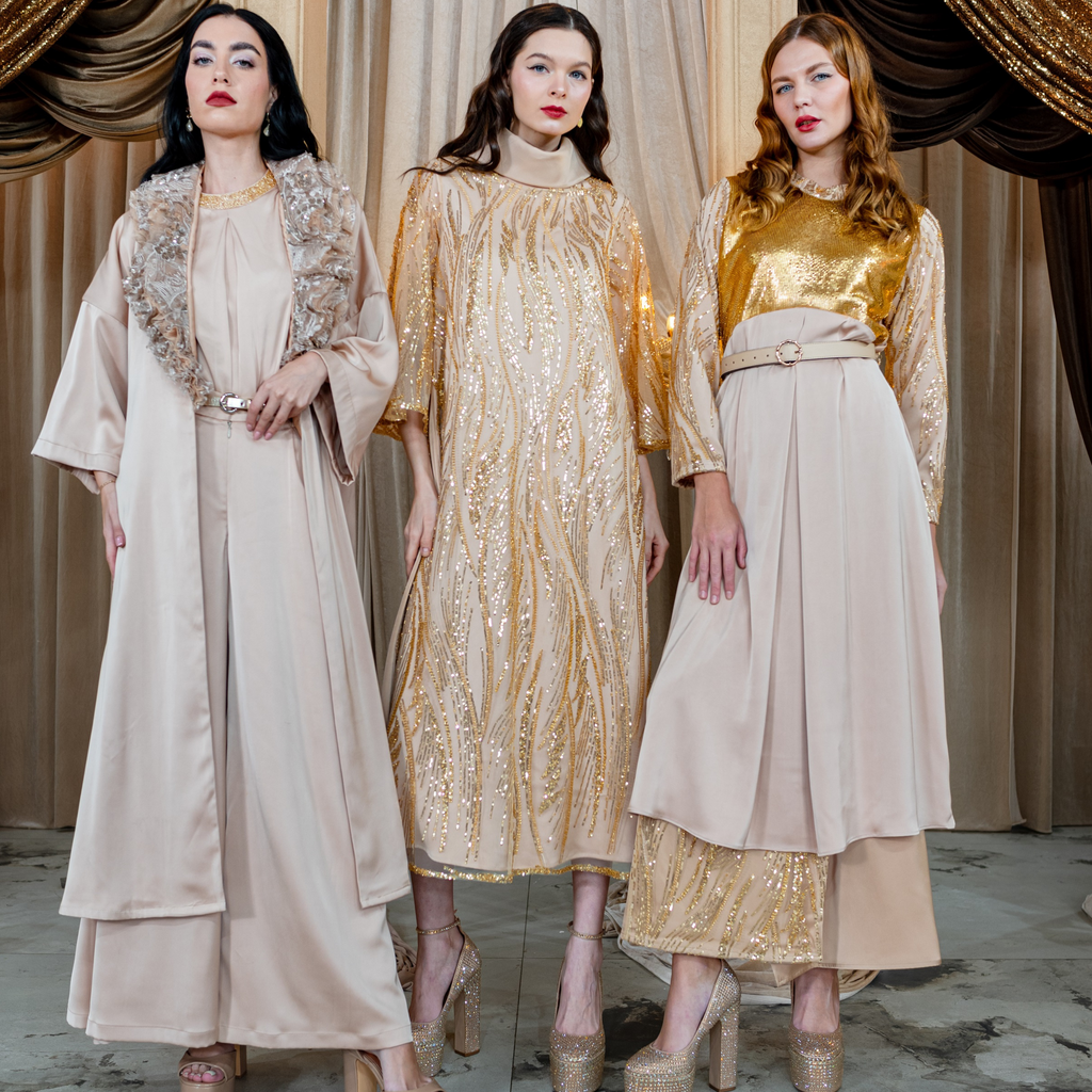 Mi Vida Signature Gold irana long dress with lace sleeve (7483148533783)