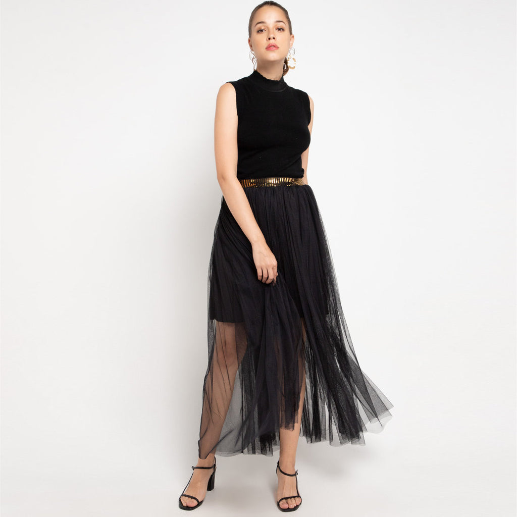 Queen Long Skirt With Tulle in Black With Gold Accent-2MADISONAVENUE.COM (4327984594967)